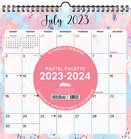 2023-2024 Willow Creek Press Monthly At A Glance Spiral Wall Art Calendar, 12” x 12”, Pastel Palette, July 2023 To June 2024 