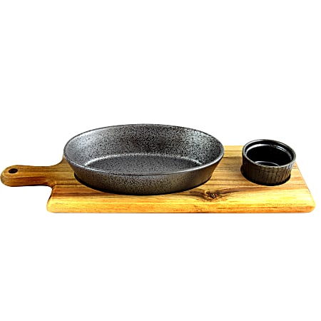 Gibson Elite Gracious Dining 3-Piece Reactive Fine Ceramic Bowl Set With Wood Tray, Gray