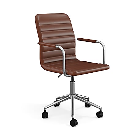 Martha Stewart Taytum Upholstered Office Chair, Saddle Brown Faux Leather/Polished Nickel Frame