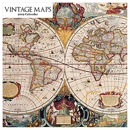 Retrospect Square Monthly Wall Calendar, Vintage Maps, 12-1/2" x 12", Multicolor, January to December 2019