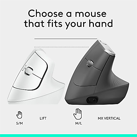 Logitech Lift Vertical Ergonomic Mouse, Wireless, Bluetooth or Logi Bolt USB receiver, Quiet clicks, 4 buttons, Of - 910006469