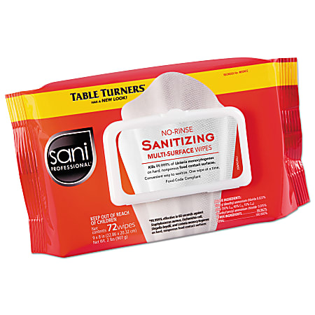 Sani Professional® Table Turners® No-Rinse Sanitizing Multi-Surface Wipes, 9" x 8", 25.63 Oz, 72 Wipes Per Pack, Carton Of 12 Packs