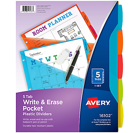 Avery® Write & Erase Durable Plastic Dividers With Pockets, 8-1/2" x 11", Multicolor, Pack Of 5 Dividers