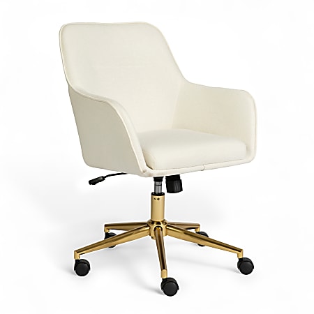 Martha Stewart Rayna Fabric Upholstered Office Chair, Off White Fabric/Polished Brass Frame
