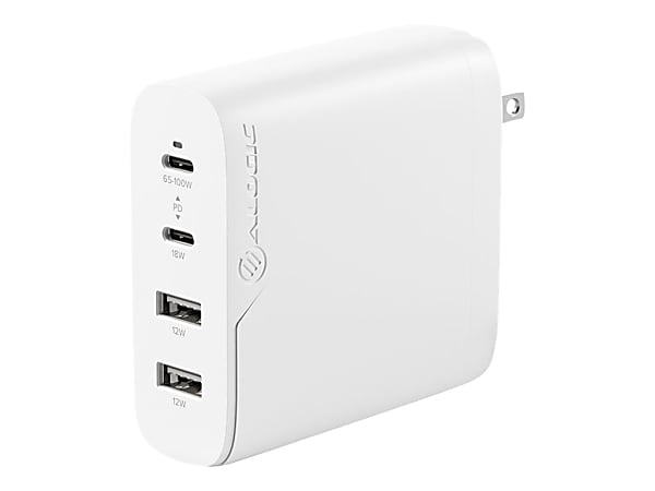 ALOGIC Rapid Power 4X100 GaN Charger - Power adapter - 100 Watt - 5 A - PD 3.0 - 4 output connectors (2 x USB, 2 x USB-C) - on cable: USB-C - white - United States