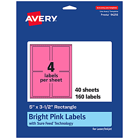 Avery® Printable Labels With Sure Feed® Technology, 94256-BPP40, Rectangle, 5" x 3-1/2", Matte Bright Pink, Pack of 160