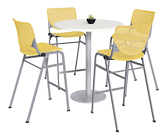 KFI Studios KOOL Round Pedestal Table With 4 Stacking Chairs, 41"H x 36"D, Designer White/Yellow