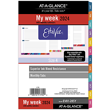 AT-A-GLANCE® EttaVee Weekly/Monthly Loose-Leaf Planner Refill Pages, 5-1/2" x 8-1/2", January to December 2024, EV81-285Y