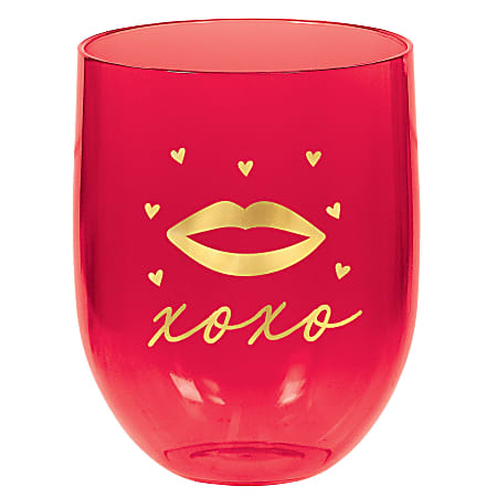 Amscan XOXO Plastic Valentine's Day Stemless Wine Glasses, 15.2 Oz, Red, Pack Of 5 Glasses