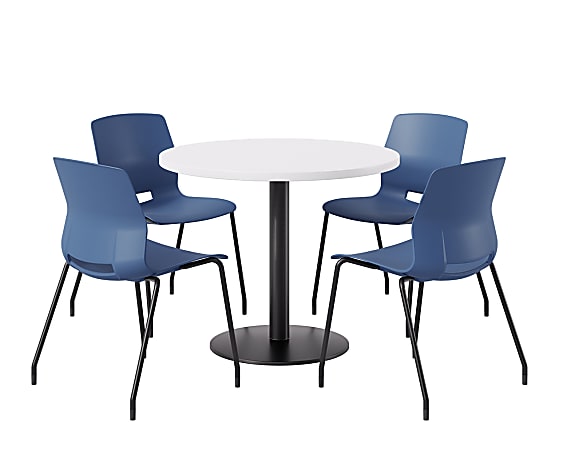 KFI Studios Midtown Pedestal Round Standard Height Table Set With Imme Armless Chairs, 31-3/4”H x 22”W x 19-3/4”D, Designer White Top/Black Base/Navy Chairs