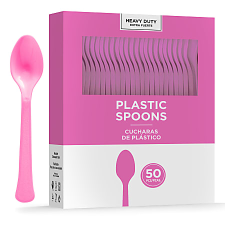 Amscan 8018 Solid Heavyweight Plastic Spoons, Bright Pink, 50 Spoons Per Pack, Case Of 3 Packs