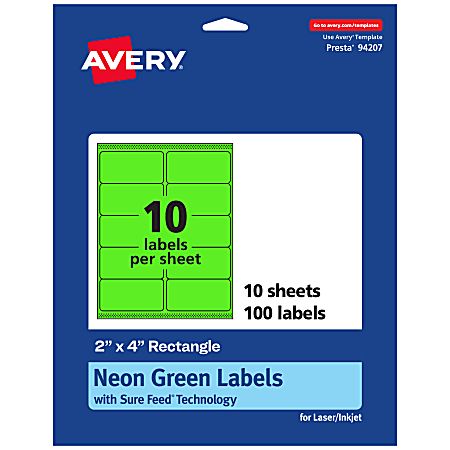 Avery® Printable Labels With Sure Feed® Technology, 94207-NGP10, Rectangle, 2" x 4", Matte Neon Green, Pack of 100