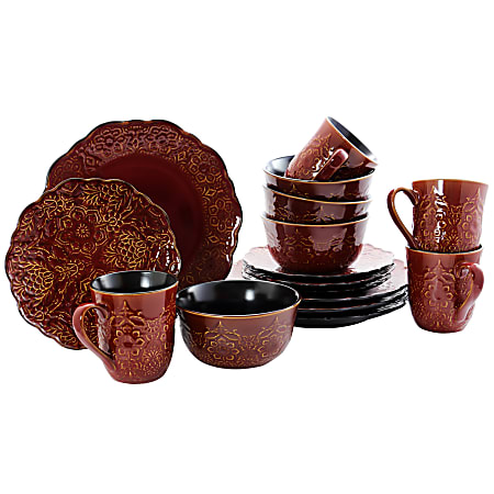 Gibson Portina 16-Piece Stoneware Dinnerware Set, Rust