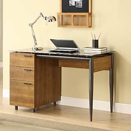 Whalen® Gramercy Single-Pedestal Glass-Top Desk, 30"H x 47 3/4"W x 23 3/4"D, Dark Maple/Charcoal
