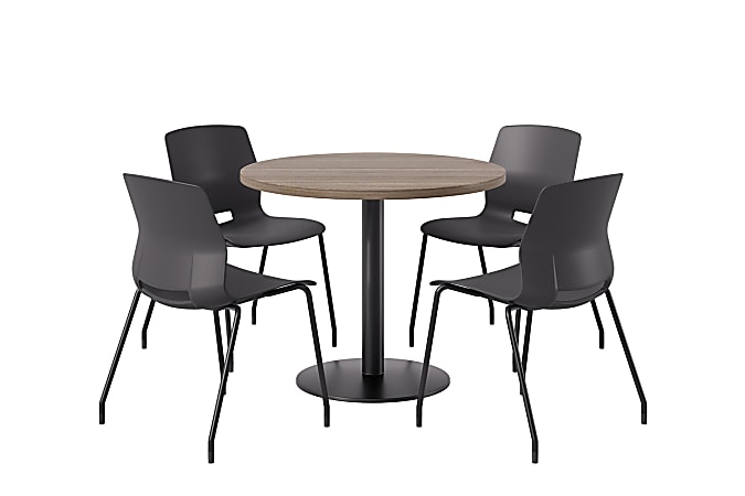 KFI Studios Midtown Pedestal Round Table Set With Armless Chairs, 31-3/4”H x 22”W x 19-3/4”D, Designer White Top/Black Base/Coral Chairs, 840031939678