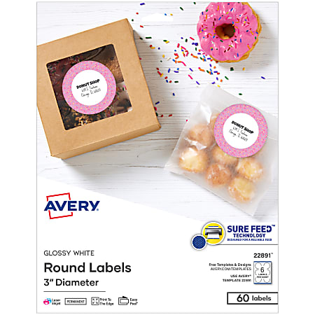 Avery® Print-to-the-Edge Labels, 22891, 3", Glossy White, 6 Labels Per Sheet, Pack Of 10 Sheets