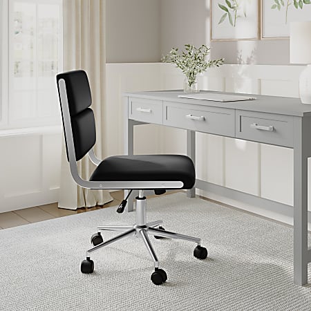 Martha Stewart Lulu Upholstered Office Chair, Black Faux Leather/Polished Nickel Frame