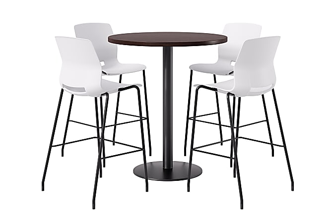 KFI Studios Proof Bistro Round Pedestal Table With Imme Barstools, 4 Barstools, 36", Cafelle/Black/White Stools