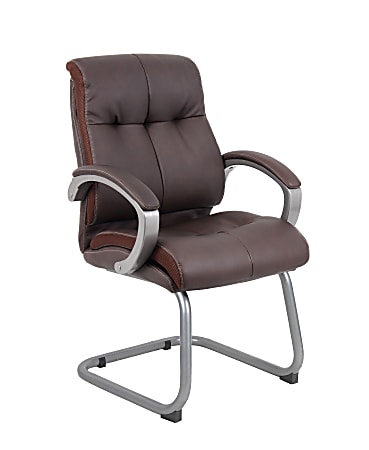 Boss Office Products Double-Plush Ergonomic LeatherPlus™ Bonded Leather Mid-Back Guest Chair, Brown/Pewter