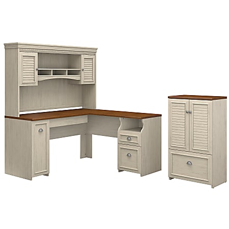 Bush Furniture Fairview 60"W L Shaped Desk With Hutch And Storage Cabinet With Drawer, Antique White/Tea Maple, Standard Delivery