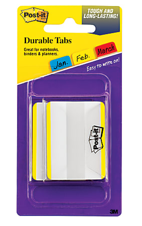 Post-it Durable Tabs, 2 in. x 1.5 in., Pack of 50 Tabs, 2 Dispensers, Canary Yellow 