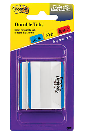 Post-it Durable Tabs, 2 in. x 1.5 in. Pack of 50 Tabs, 2 Dispensers, Blue
