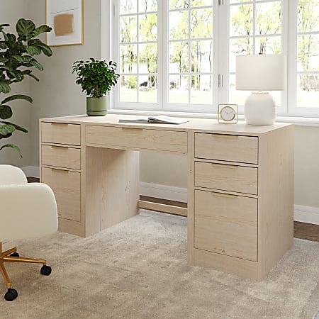 Martha Stewart Kayden Home Office Modular Single-Drawer Desk with Dual 3 Drawer File Cabinets, Light Natural
