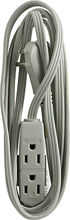 GE 3 Outlet Extension Cord, 8' Long Cord, Flat Plug, Gray, 43027