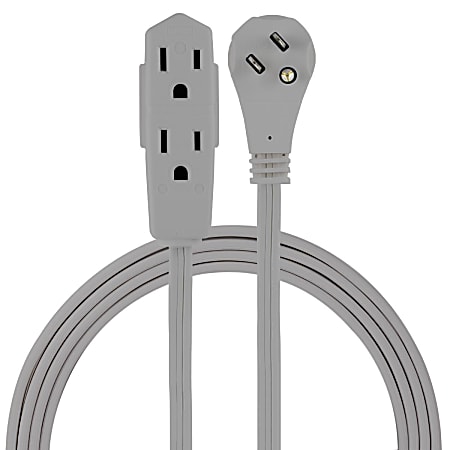 GE 3 Outlet Extension Cord 8 Long Cord Flat Plug Gray 43027 - Office Depot