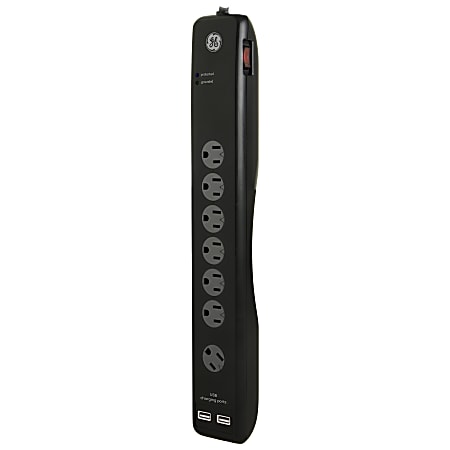 GE 7-Outlet/2 USB Port Surge Protector, 4' Cord, Black