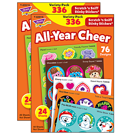 Trend Stinky Stickers, 1", All Year Cheer, 336 Stickers Per Pack, Set Of 2 Packs