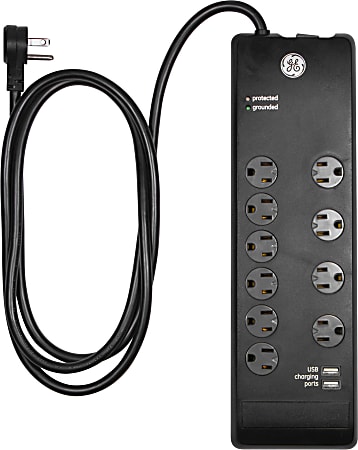 GE 10-Outlet/2 USB Port Surge Protector, 6' Cord, Black