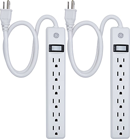GE 6 Outlet Power Strip 2 Pack, 1'6" Cord, White, 14833