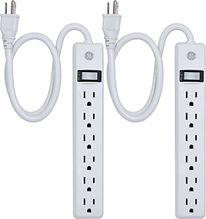 GE 6 Outlet Power Strip 2 Pack, 2' Cord, White, 14833