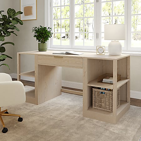 Martha Stewart Kayden Home Office Modular Single-Drawer Desk with Dual 2 Tier Shelves, Light Natural