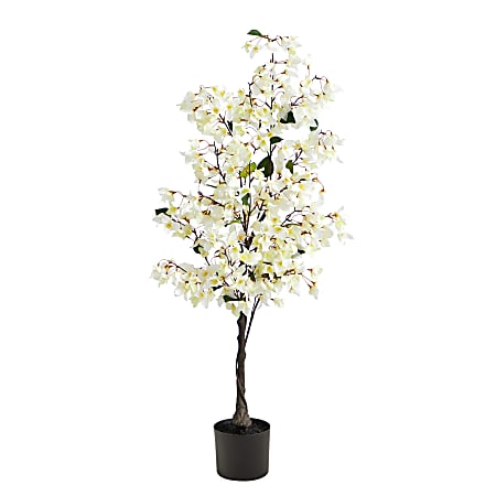 Nearly Natural Bougainvillea 48”H Artificial Tree With Planter, 48”H x 19”W x 19”D, White/Black
