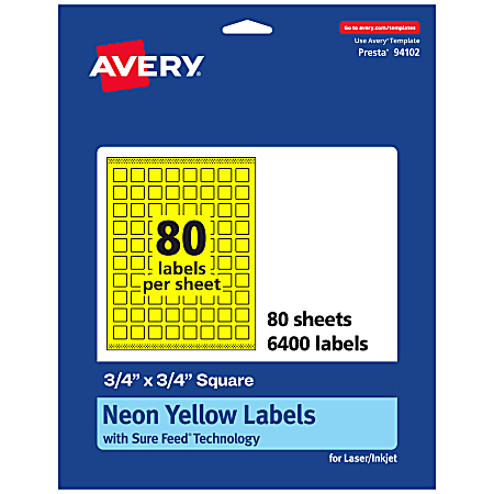 Avery® Print-To-The-Edge Labels With Sure Feed® Technology And Easy Peel®, 94102-NYP80, Square, 3/4" x 3/4", Matte Neon Yellow, Pack of 6400