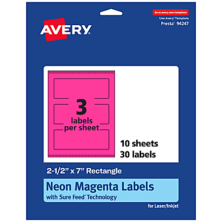 Avery® Print-To-The-Edge Labels With Sure Feed® Technology, 94247-NMP10, Rectangle, 2-1/2" x 7", Matte Neon Magenta, Pack of 30