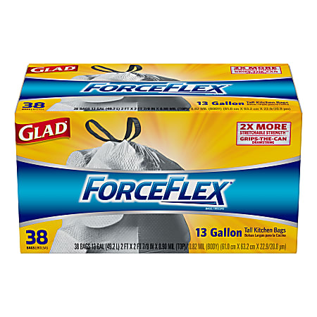 Glad® ForceFlex® Drawstring Trash Bags, 13 Gallons, White, Box Of 38