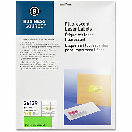 Business Source Neon Labels - 1" Width x 2 5/8" Length - Permanent Adhesive - Rectangle - Laser - Neon Green - 30 / Sheet - 750 / Pack - Jam-free, Pressure Sensitive