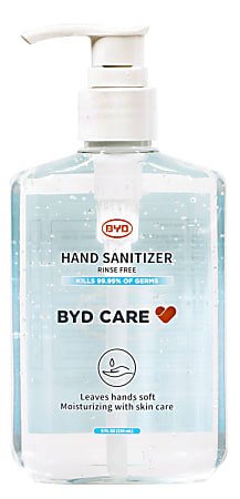 BYD Care Antibacterial Gel Hand Sanitizer, Fragrance Free, 8 Oz, FDA Registered and Listed