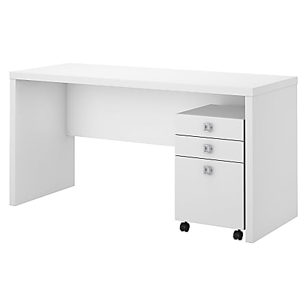 kathy ireland® Office by Bush Business Furniture Echo Credenza Desk With Mobile File Cabinet, Pure White/Pure White, Standard Delivery