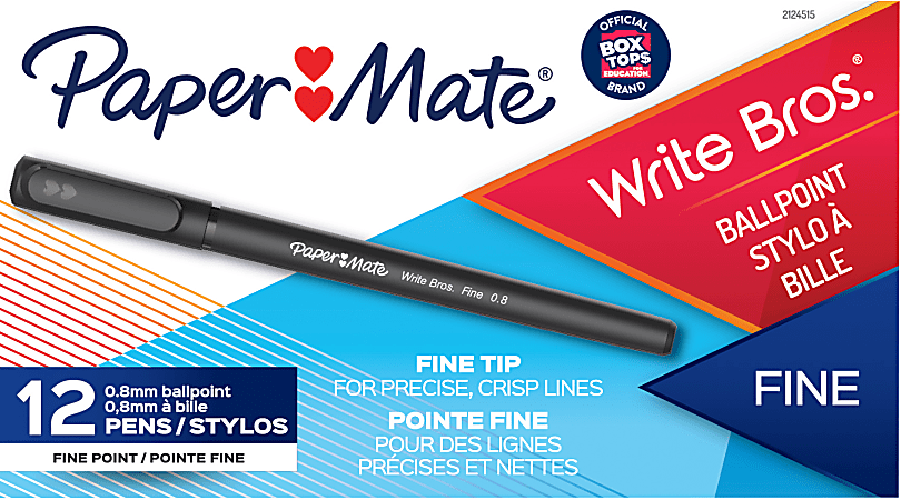 Paper Mate® Write Bros Ballpoint Stick Pens, 0.8 mm, Fine Point, Black Barrel, Black Ink, Pack Of 12 Pens