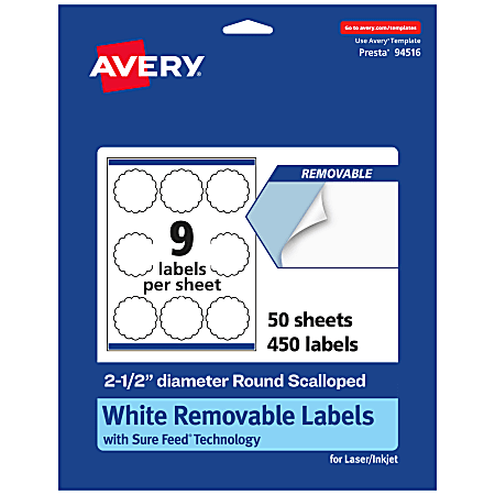 Avery® Removable Labels With Sure Feed®, 94516-RMP50, Round Scalloped, 2-1/2" Diameter, White, Pack Of 450 Labels