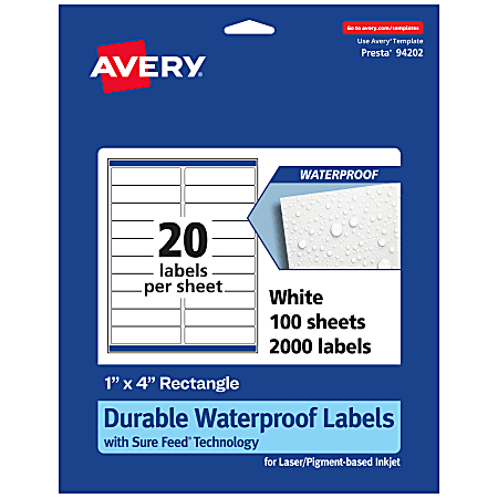 Avery® Waterproof Permanent Labels With Sure Feed®, 94202-WMF100, Rectangle, 1" x 4", White, Pack Of 2,000