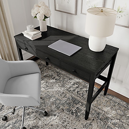 Martha Stewart Rhett Home Office 3 Drawer Desk with Tapered Legs, Black Frame/Oil Rubbed Bronzed Hardware