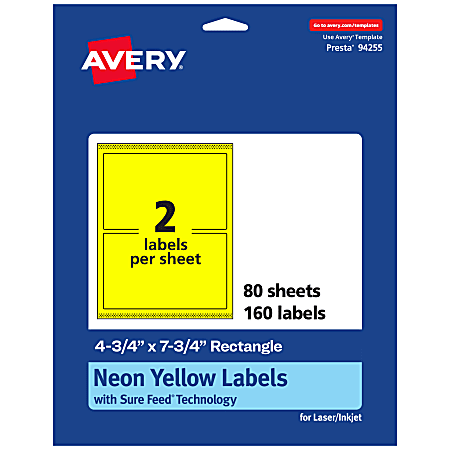 Avery® Print-To-The-Edge Labels With Sure Feed® Technology And Easy Peel®, 94255-NYP80, Rectangle, 4-3/4" x 7-3/4", Matte Neon Yellow, Pack of 160