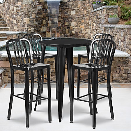 Flash Furniture Commercial-Grade Round Metal Indoor-Outdoor Bar Table Set With 4 Vertical Slat-Back Stools, 41"H x 30"W x 30"D, Black