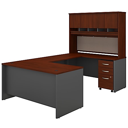 Bush Business Furniture Components 60"W U-Shaped Desk With Hutch And Mobile File Cabinet, Hansen Cherry/Graphite Gray, Premium Installation