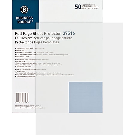 Business Source Full-Sheet Top-Loading Poly Sheet Protectors - 11" Height x 9" Width - 3.1 mil Thickness - For Letter 8 1/2" x 11" Sheet - Rectangular - Non-glare - Polypropylene - 50 / Box
